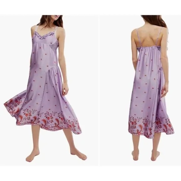 NWT Free People Intimately On My Own Printed Dress Purple Satin Floral Maxi - Lg - Picture 1 of 4
